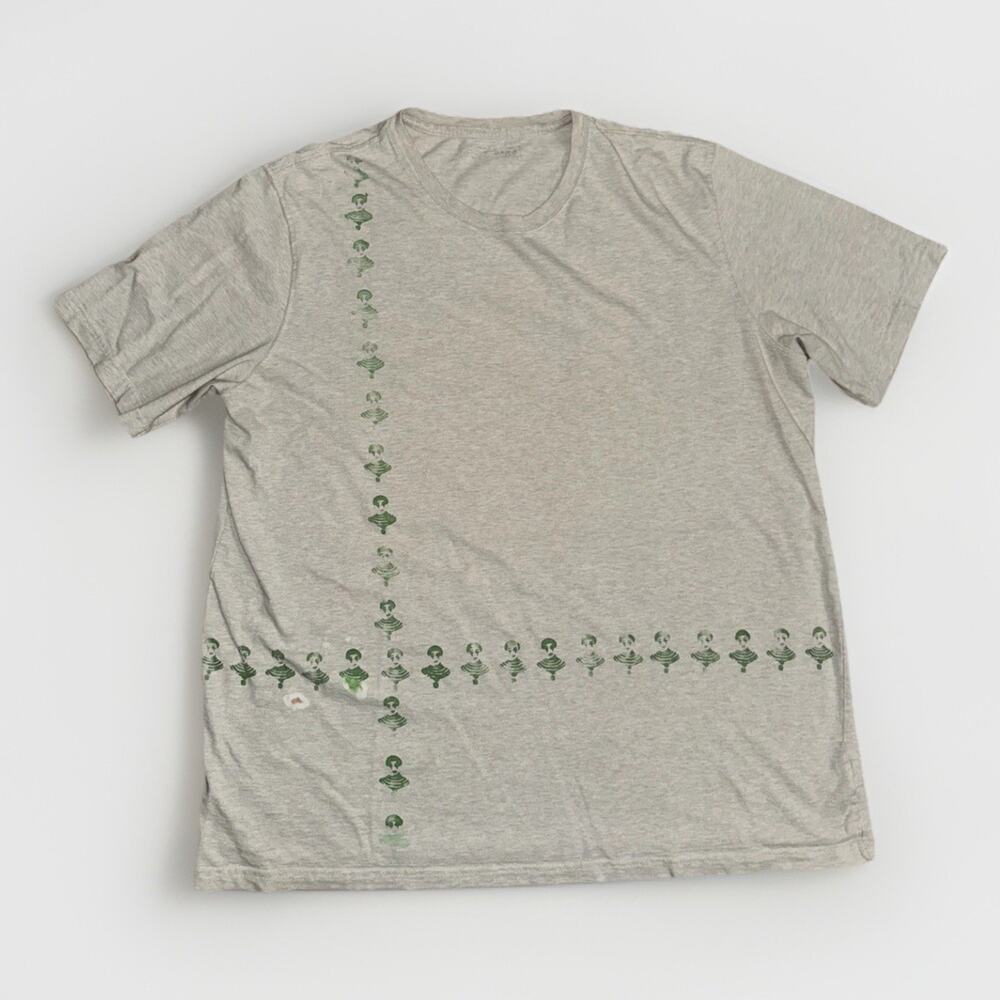 Vintage Abstract Green Bust Print T-Shirt Gray Minimal Art Graphic Tee XL